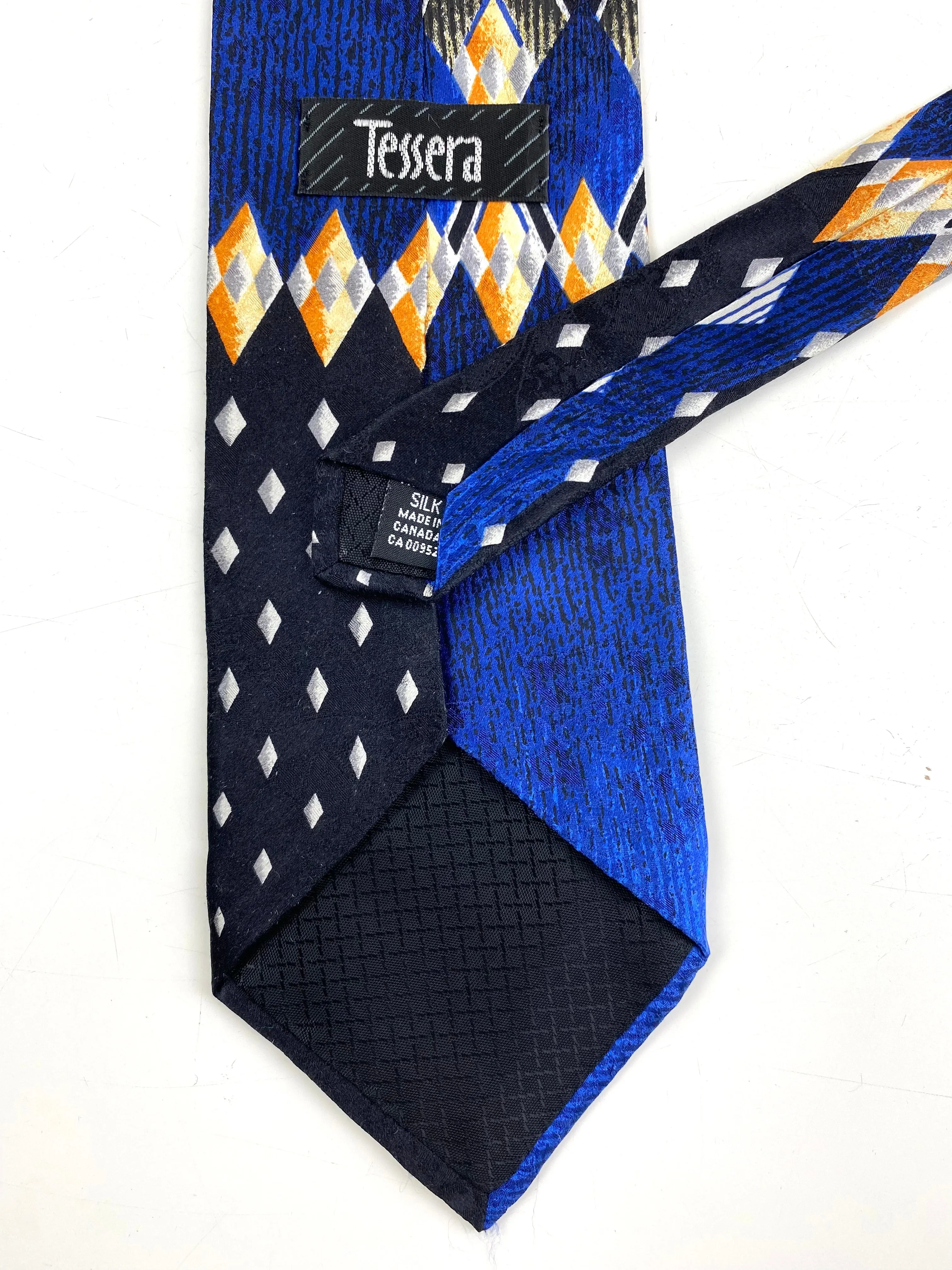 90s Deadstock Silk Necktie, Men's Vintage Black/Blue Geometric Art Deco Pattern Tie, NOS