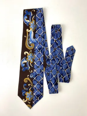 90s Deadstock Silk Necktie, Men's Vintage Blue/ Brown/ Gold Print Tie, NOS