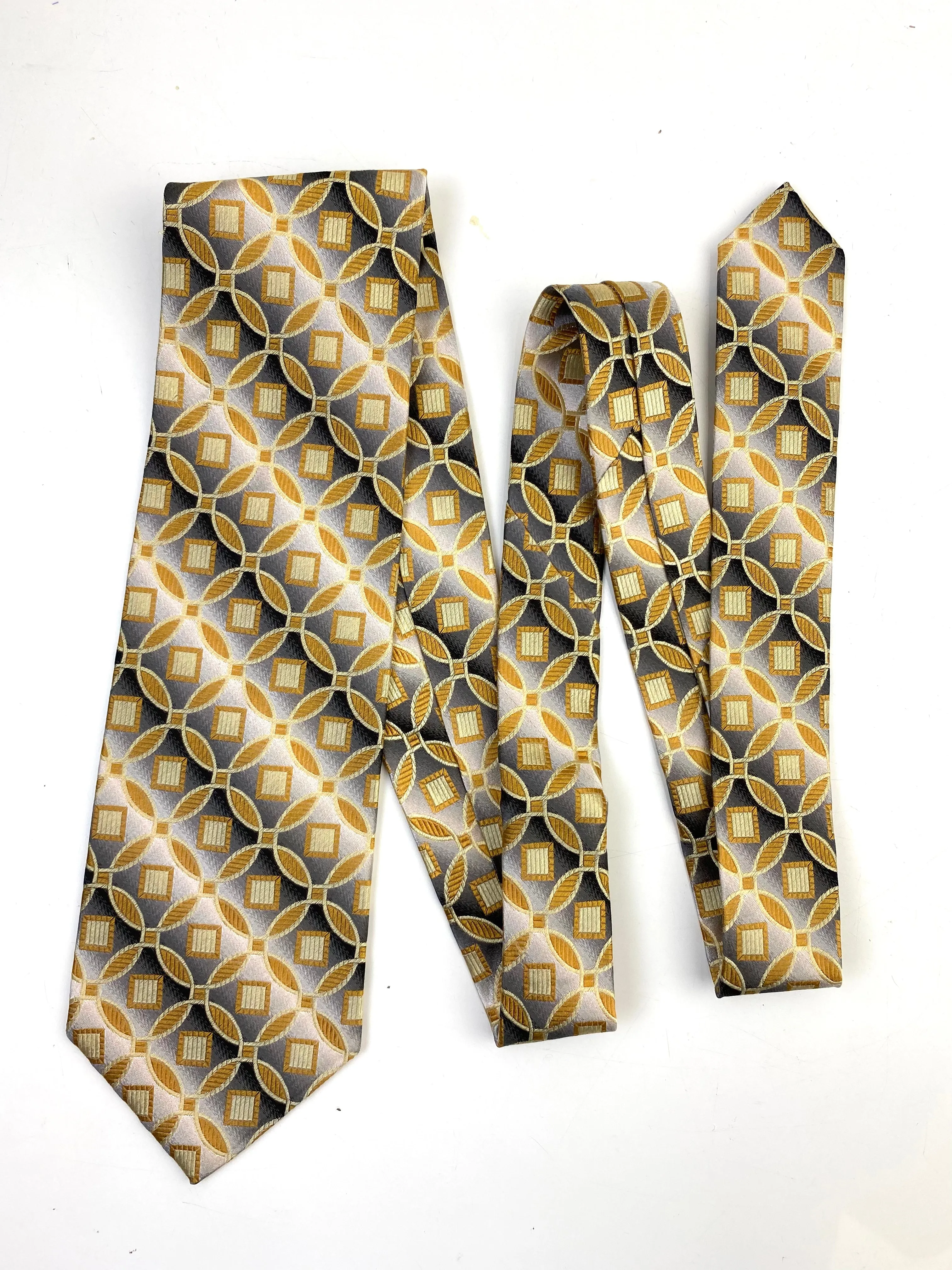 90s Deadstock Silk Necktie, Men's Vintage Gold Grey Medallion With Diagonal Stripe Pattern Tie, NOS