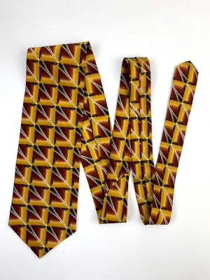 90s Deadstock Silk Necktie, Men's Vintage Gold Rust Geometric Pattern Tie, NOS