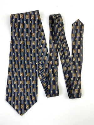 90s Deadstock Silk Necktie, Men's Vintage Grey/ Gold Foulard Pattern Tie, NOS