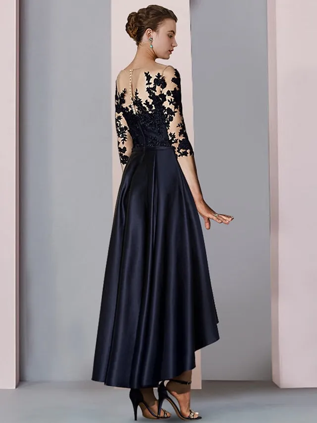 A-Line Mother of the Bride Dress Wedding Guest Elegant High Low Scoop Neck Asymmetrical Tea Length Satin Lace 3/4 Length Sleeve with Pleats Appliques 2023