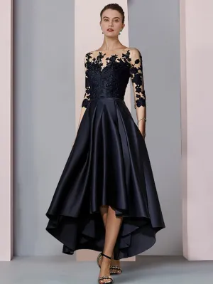 A-Line Mother of the Bride Dress Wedding Guest Elegant High Low Scoop Neck Asymmetrical Tea Length Satin Lace 3/4 Length Sleeve with Pleats Appliques 2023