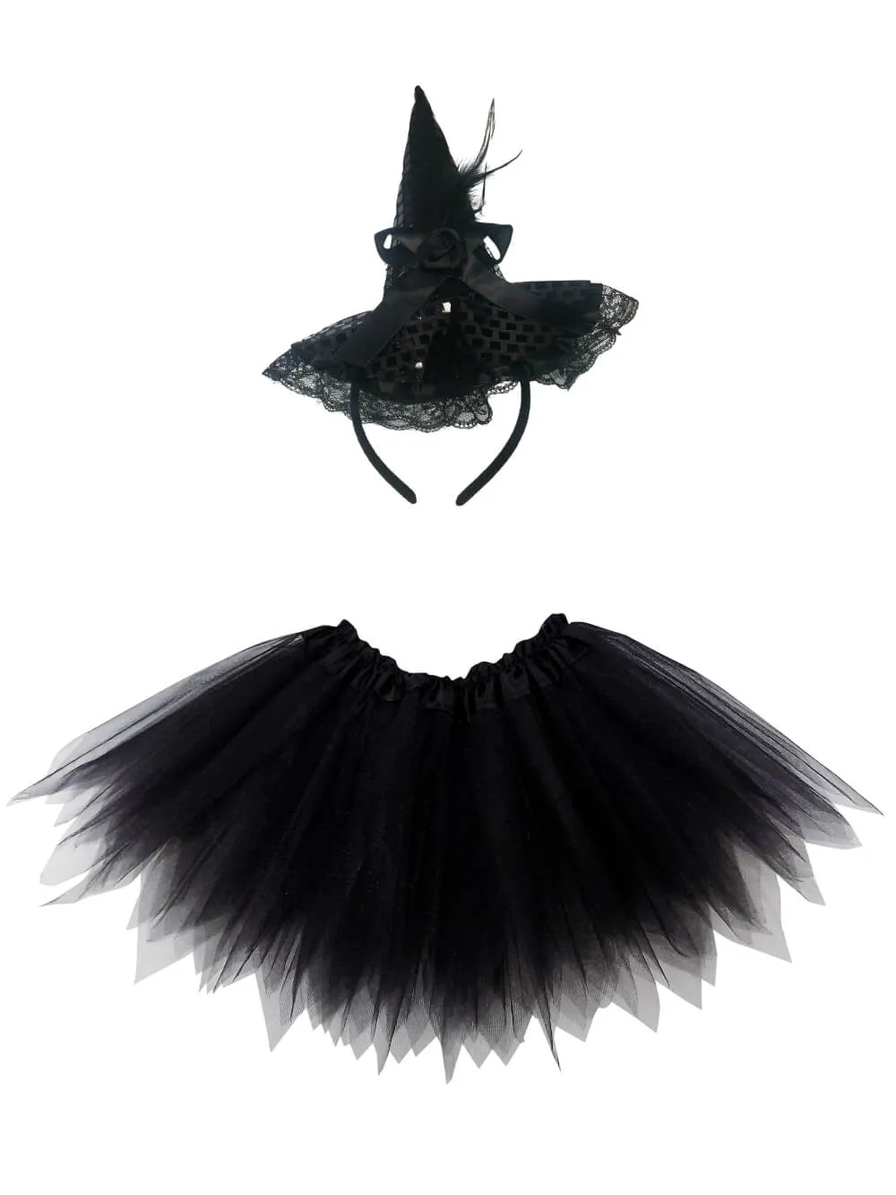 Adult Black Witch Costume - Black Pixie Fairy Tutu Skirt & Headband Hat Set for Adult or Plus Size