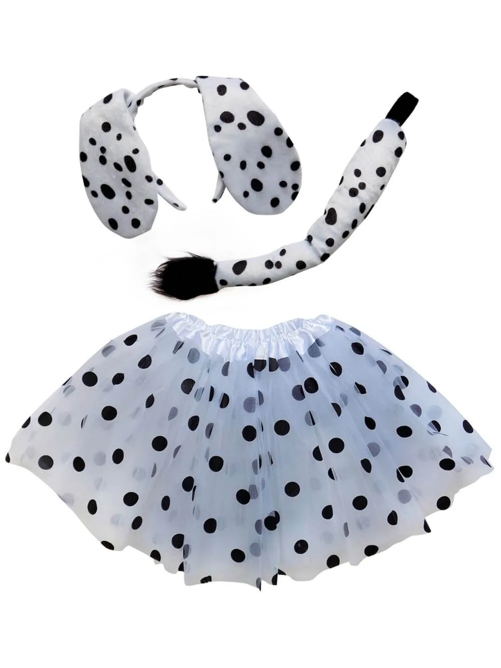 Adult Dalmatian Costume - Black & White Polka Dot Tutu Skirt, Tail, & Headband Set for Adult or Plus Size