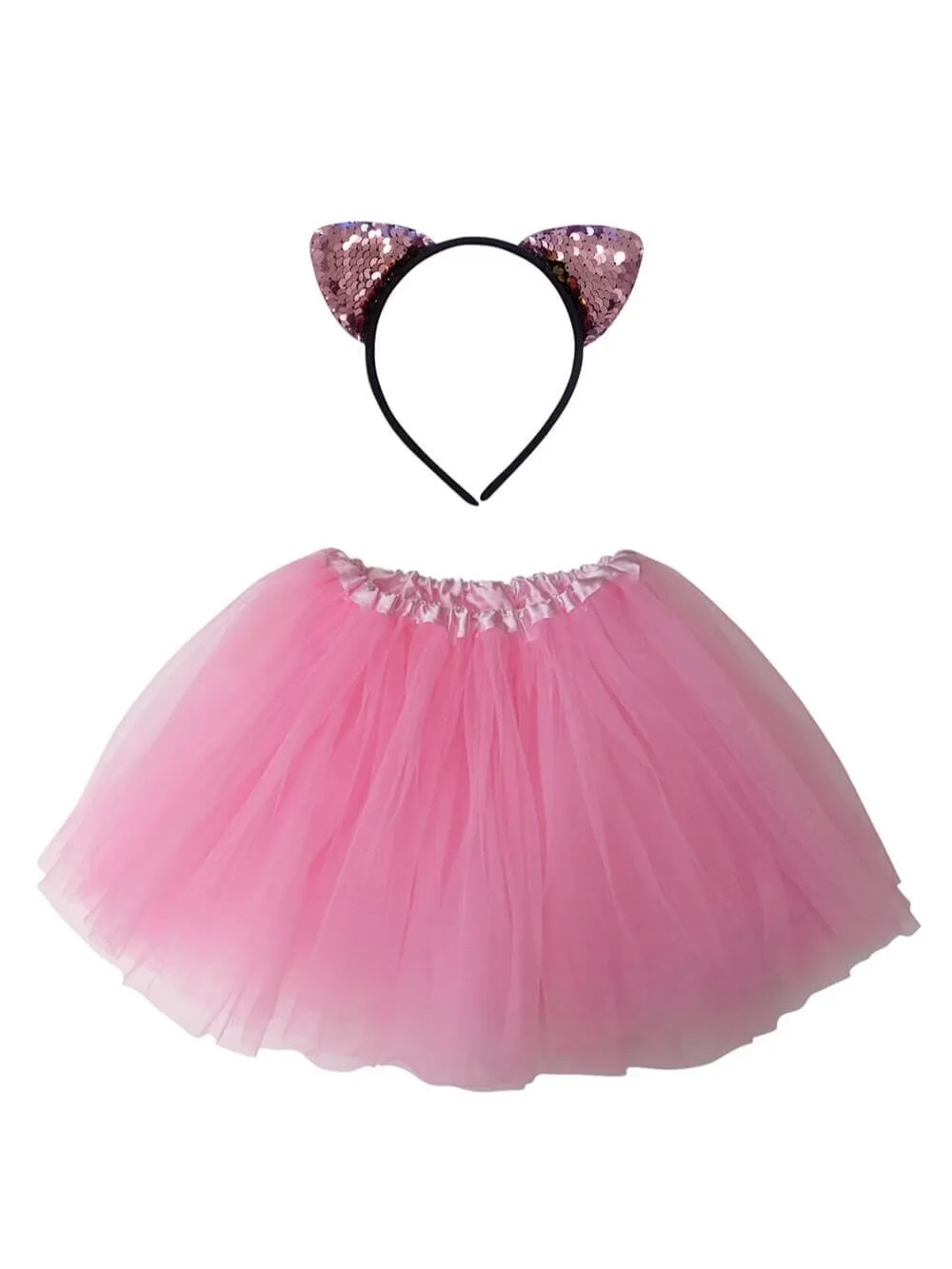 Adult Pink Cat Costume - Tutu Skirt & Flip Sequin Headband Set for Adult or Plus Size