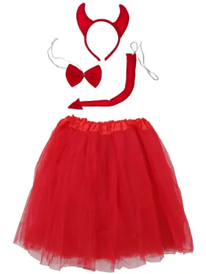 Adult Red Devil Costume - Red Tutu Skirt, Tail, Bow Tie, & Headband Horns Set for Adult or Plus Size