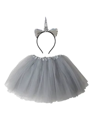 Adult Silver Unicorn Costume - Tutu Skirt & Flip Sequin Headband Horn Set for Adult or Plus Size