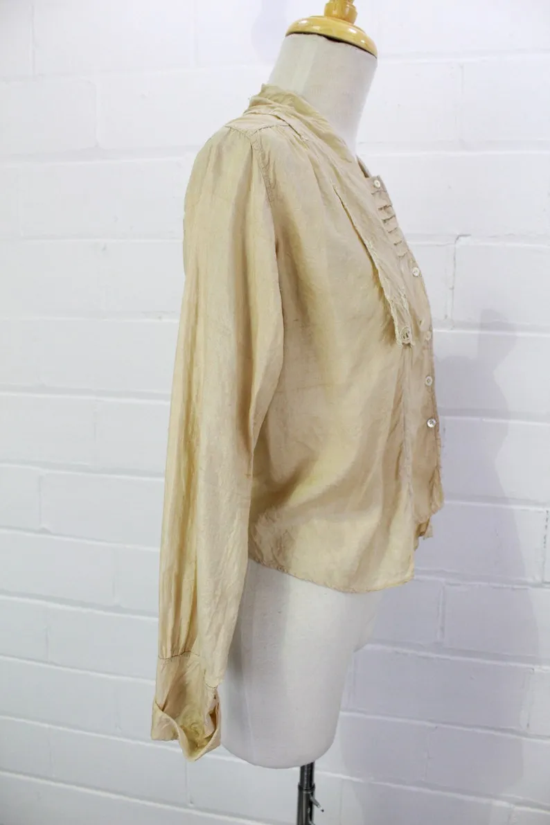 Antique 1900s Embroidered Edwardian Beige Silk Blouse, Medium