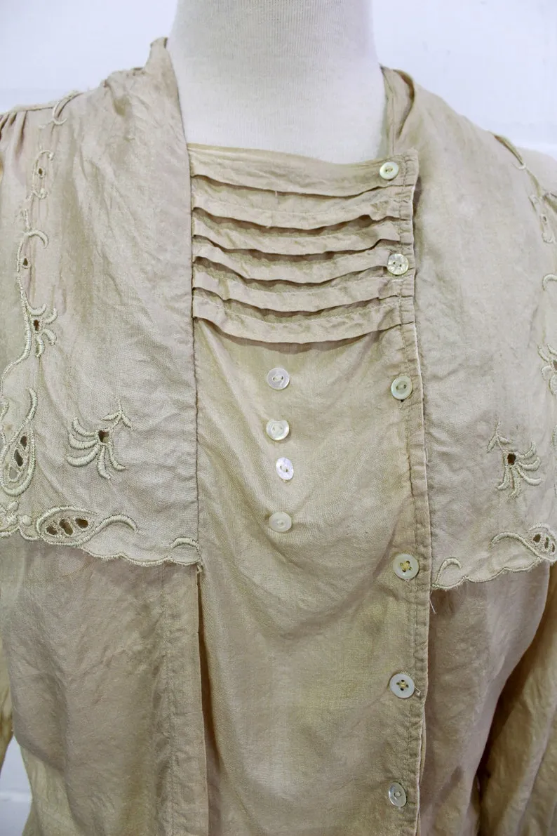 Antique 1900s Embroidered Edwardian Beige Silk Blouse, Medium