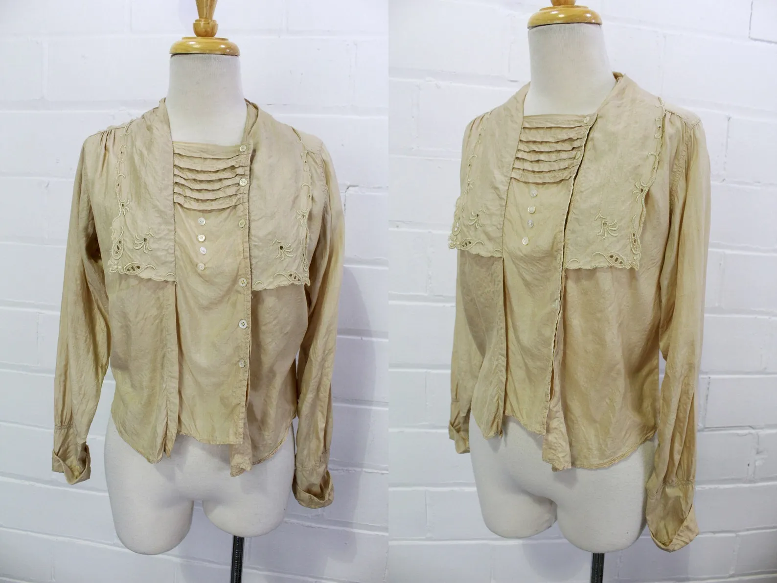 Antique 1900s Embroidered Edwardian Beige Silk Blouse, Medium