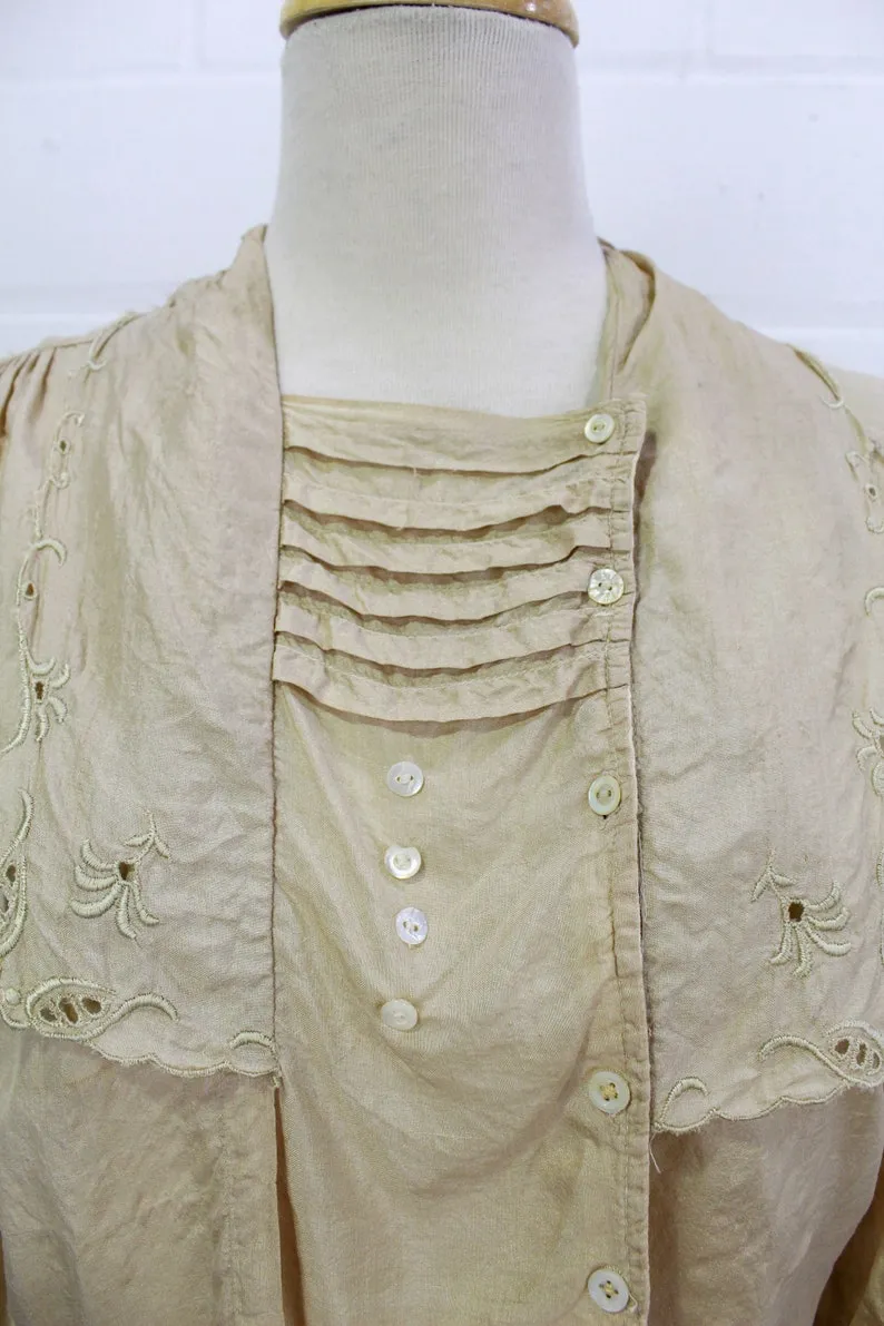 Antique 1900s Embroidered Edwardian Beige Silk Blouse, Medium