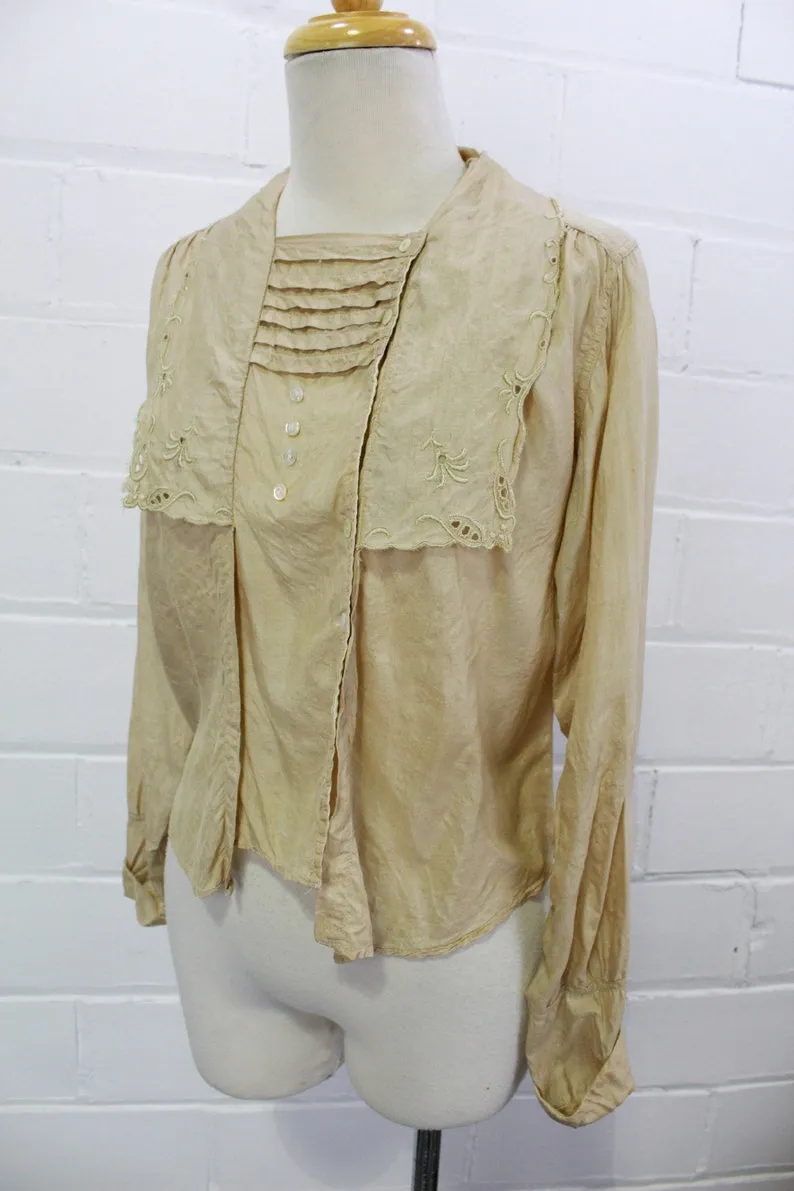 Antique 1900s Embroidered Edwardian Beige Silk Blouse, Medium