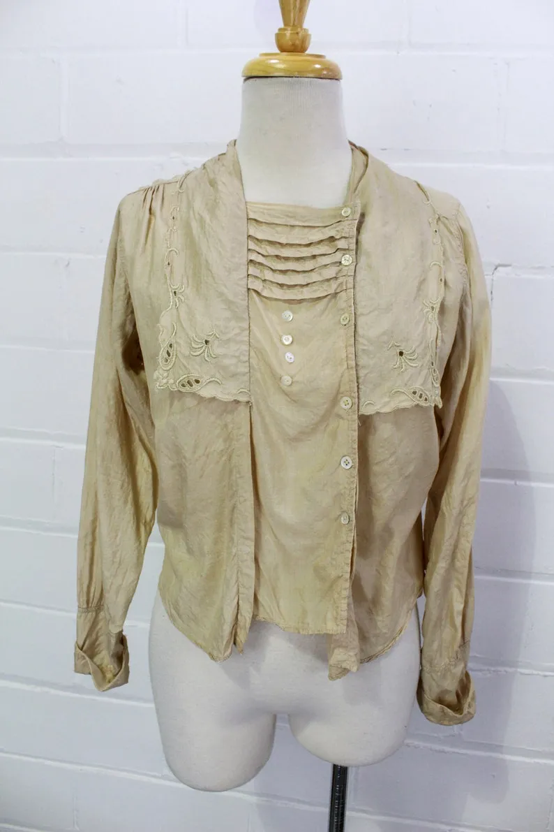 Antique 1900s Embroidered Edwardian Beige Silk Blouse, Medium