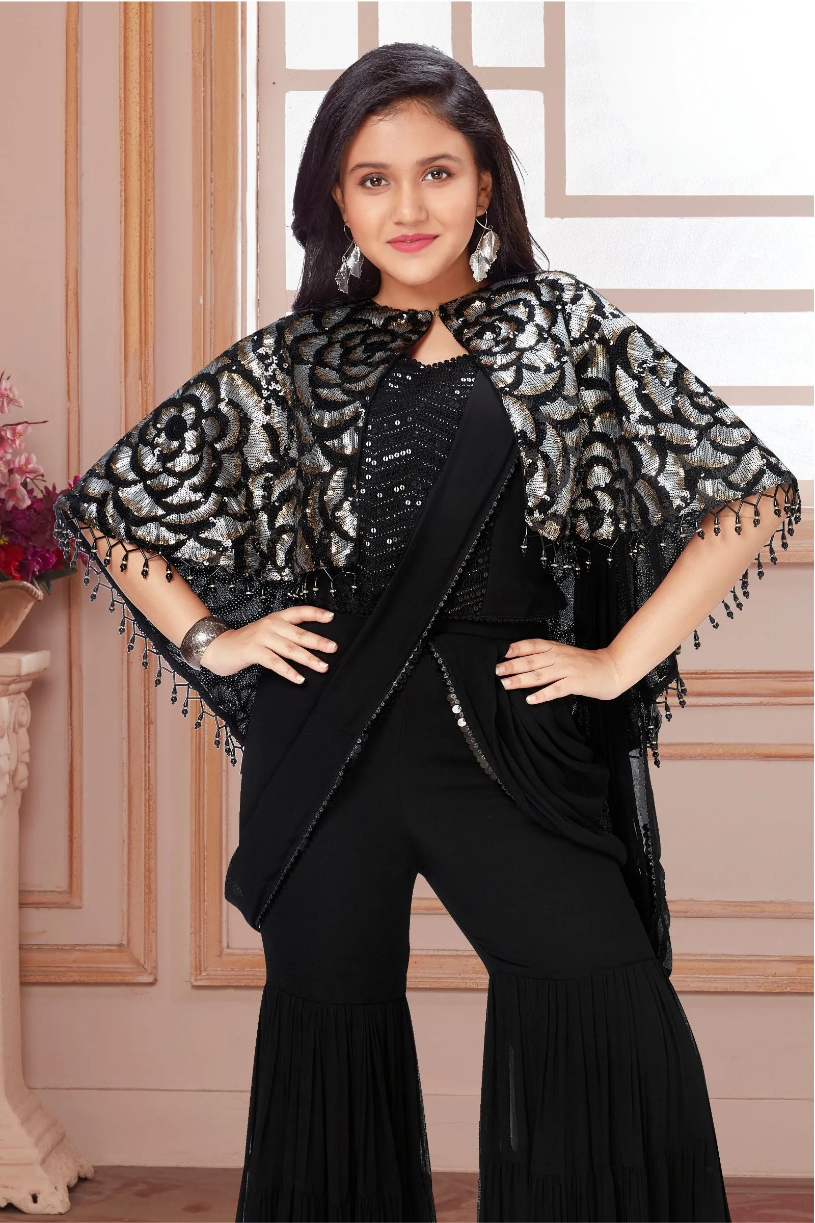 Black Sequins work Poncho with Drape Styled Sharara Set For Girls