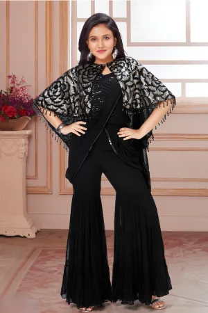 Black Sequins work Poncho with Drape Styled Sharara Set For Girls