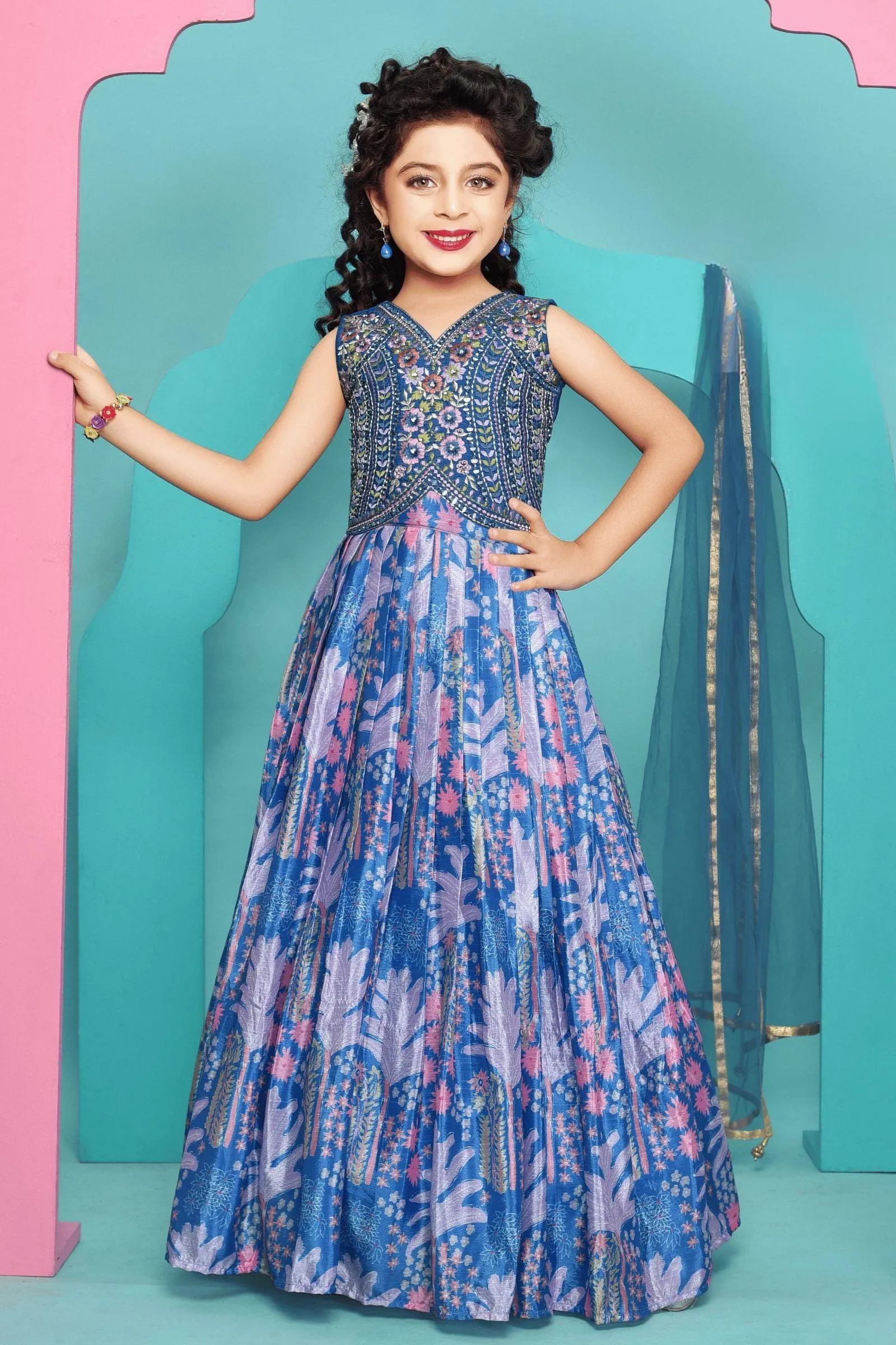 Blue Multicolor Embroidery, Zari, Stone and Mirror work with Digital Print Lehenga Choli for Girls