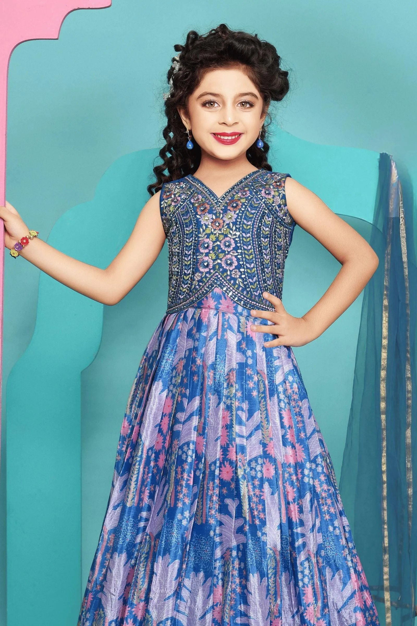 Blue Multicolor Embroidery, Zari, Stone and Mirror work with Digital Print Lehenga Choli for Girls