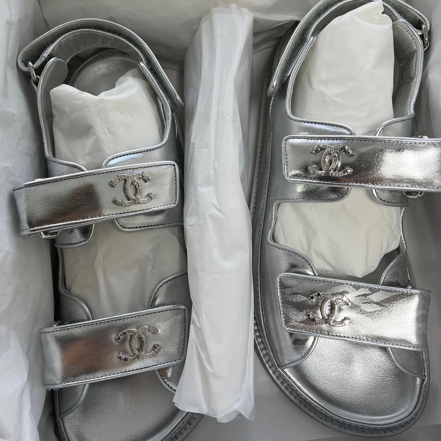 Chanel Metallic Silver Leather CC 'Dad' Sandals (C22)