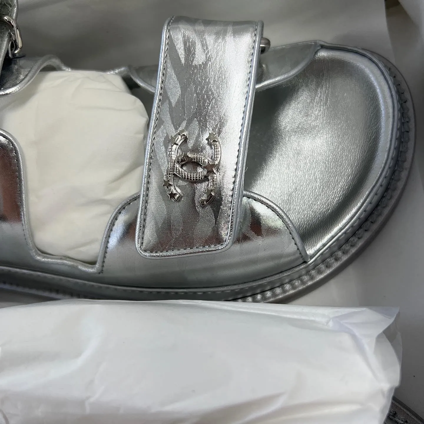 Chanel Metallic Silver Leather CC 'Dad' Sandals (C22)