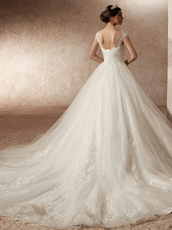 Chapel Train  Boat-Neck Wedding Dresses