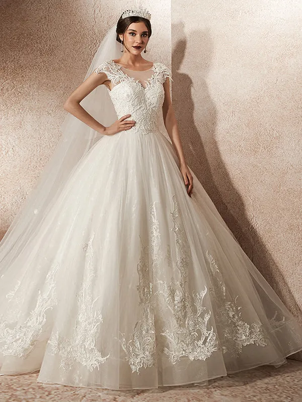 Chapel Train  Boat-Neck Wedding Dresses