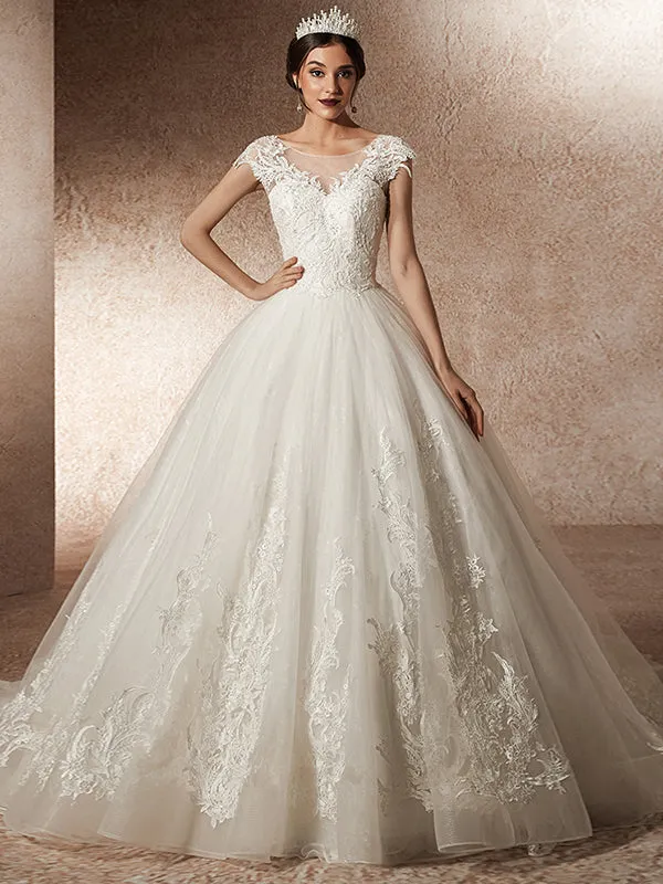 Chapel Train  Boat-Neck Wedding Dresses