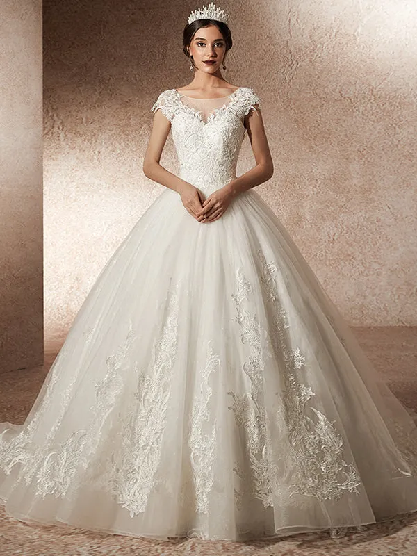 Chapel Train  Boat-Neck Wedding Dresses