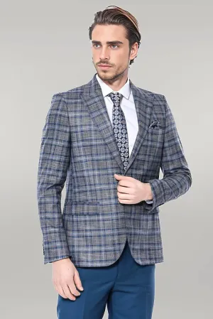 Checked Slim-Fit Single Button Navy Blue Men Blazer - Wessi