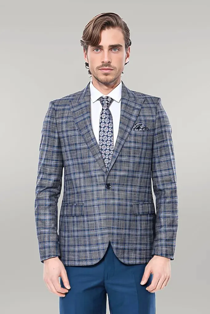 Checked Slim-Fit Single Button Navy Blue Men Blazer - Wessi