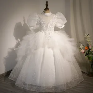 Children First Communion Dress Flower Girl White Elegant Pageant Wedding Puffy Princess Dress