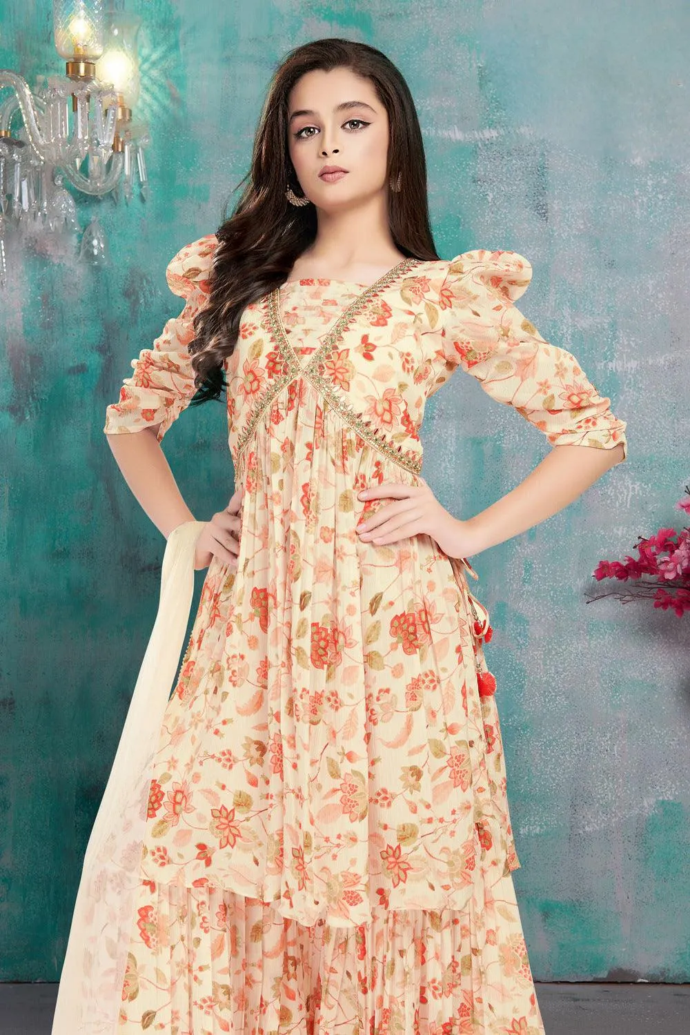 Cream Floral Print, Mirror and Zardozi work Alia Cut Peplum Top and Sharara Set for Girls