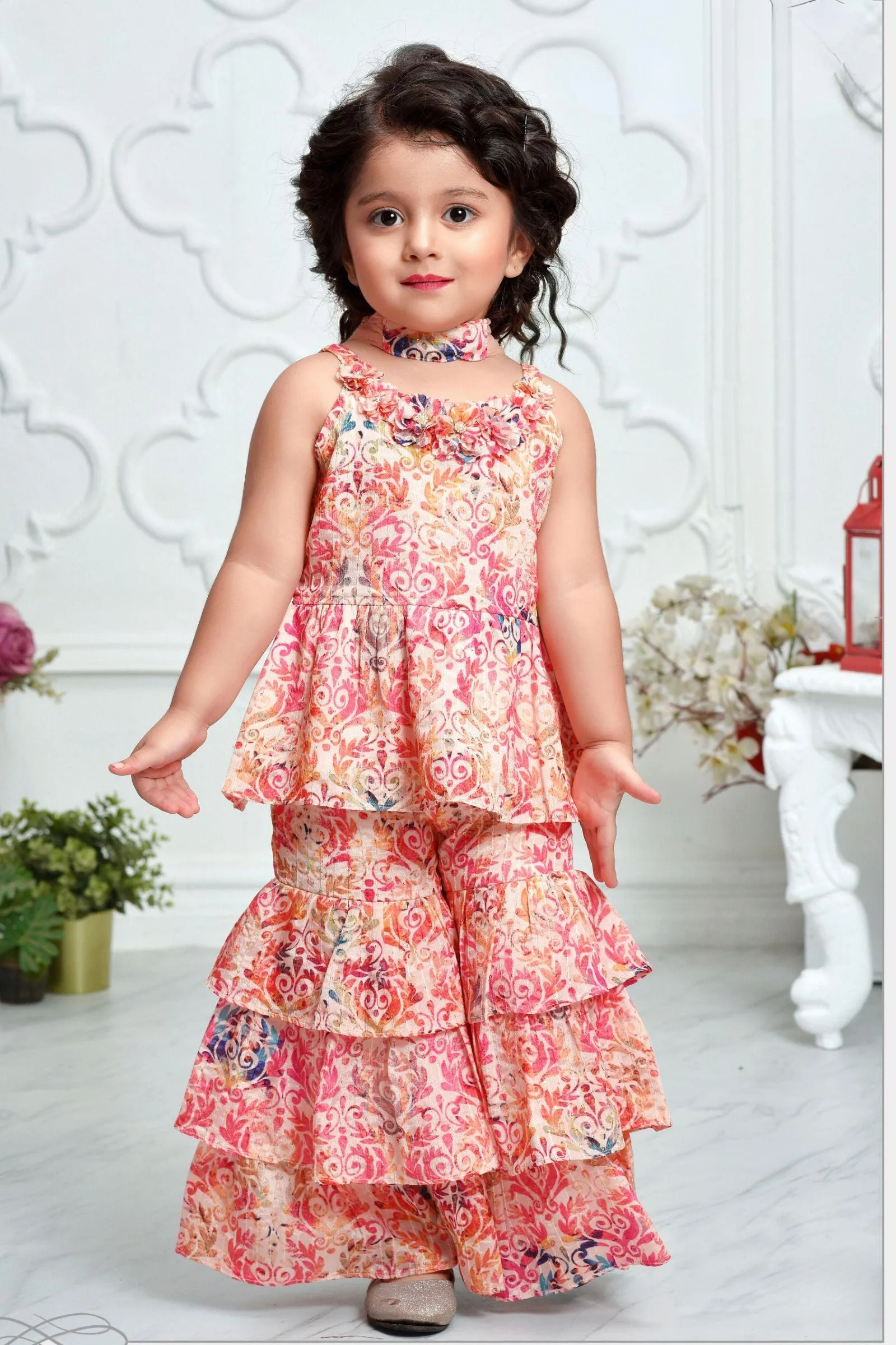 Cream Multicolor Digital Print and Thread Weaving work for Girls Sharara Suit Set