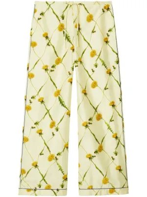 Dandelion-print silk-satin trousers