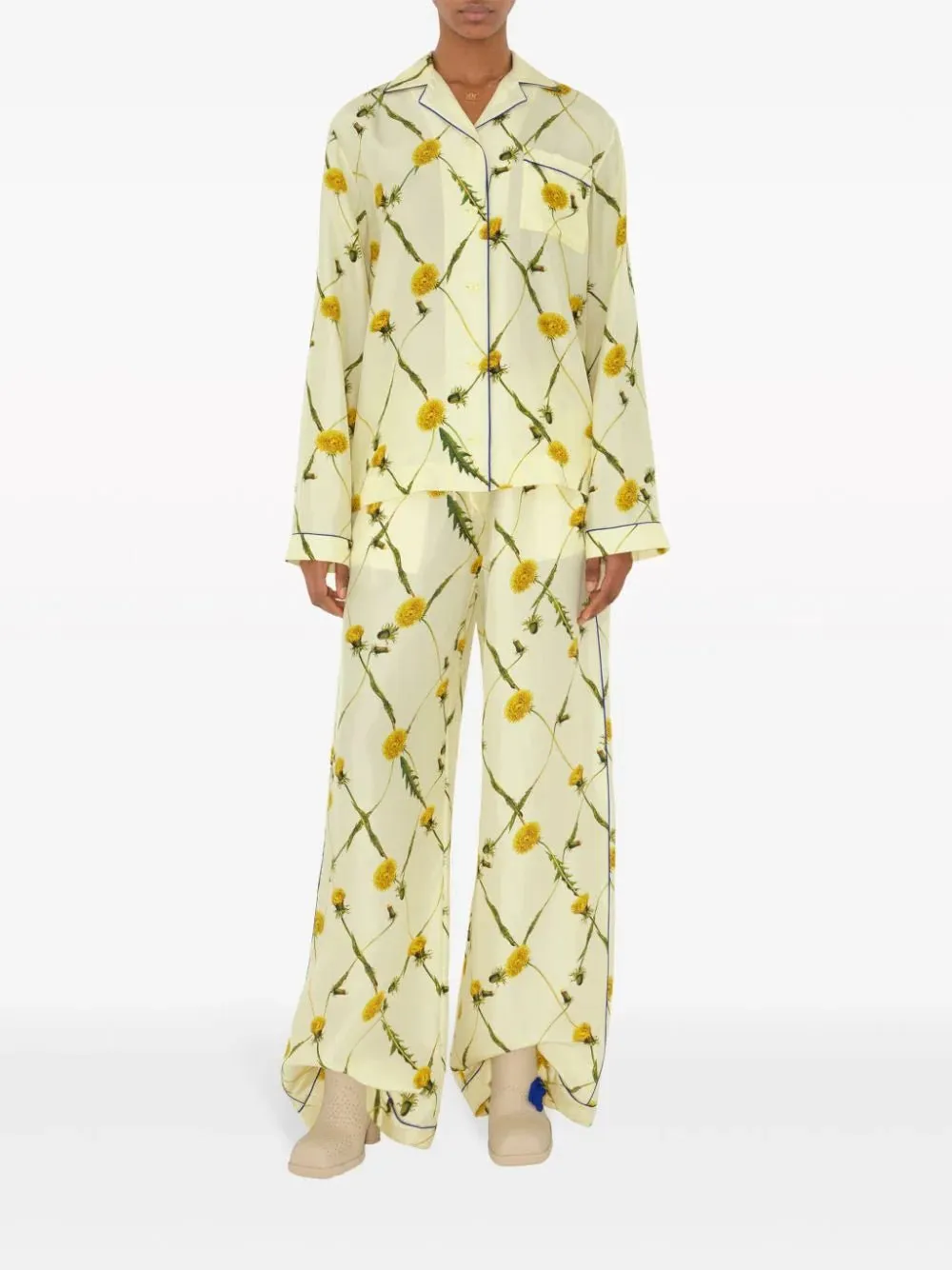 Dandelion-print silk-satin trousers