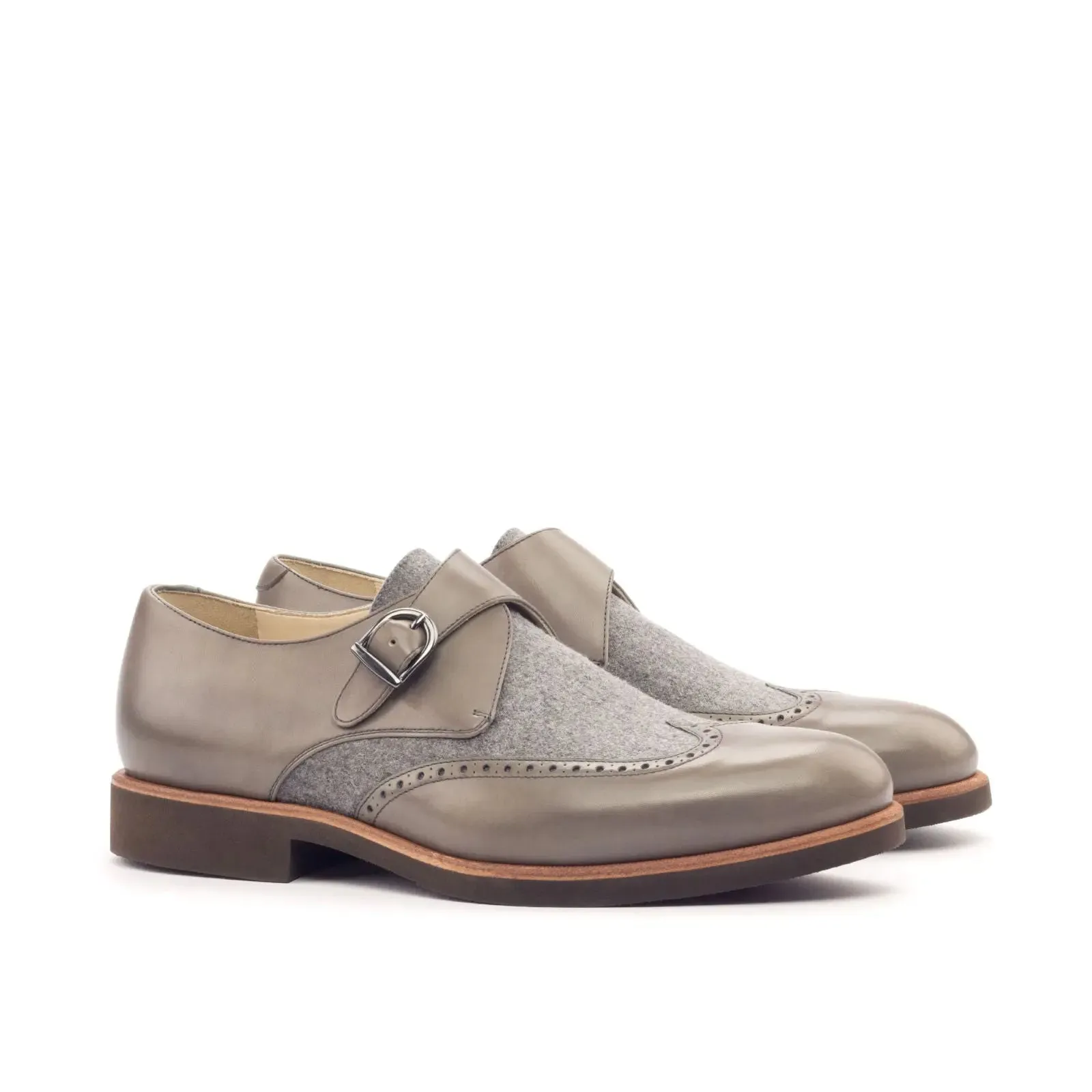 DapperFam Brenno in Light Grey Men's Flannel & Italian Leather Single Monk