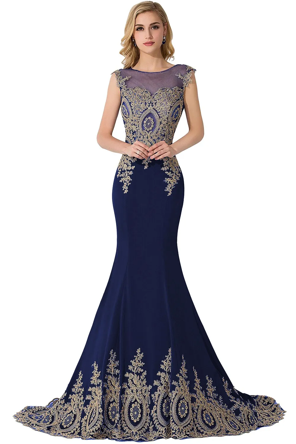 DEANWANGKT Plus Size Blue Prom Dresses Long Women Mermaid Train Party Gown Birthday Gift Lady Luxury Gold Lace Appliques See through Back