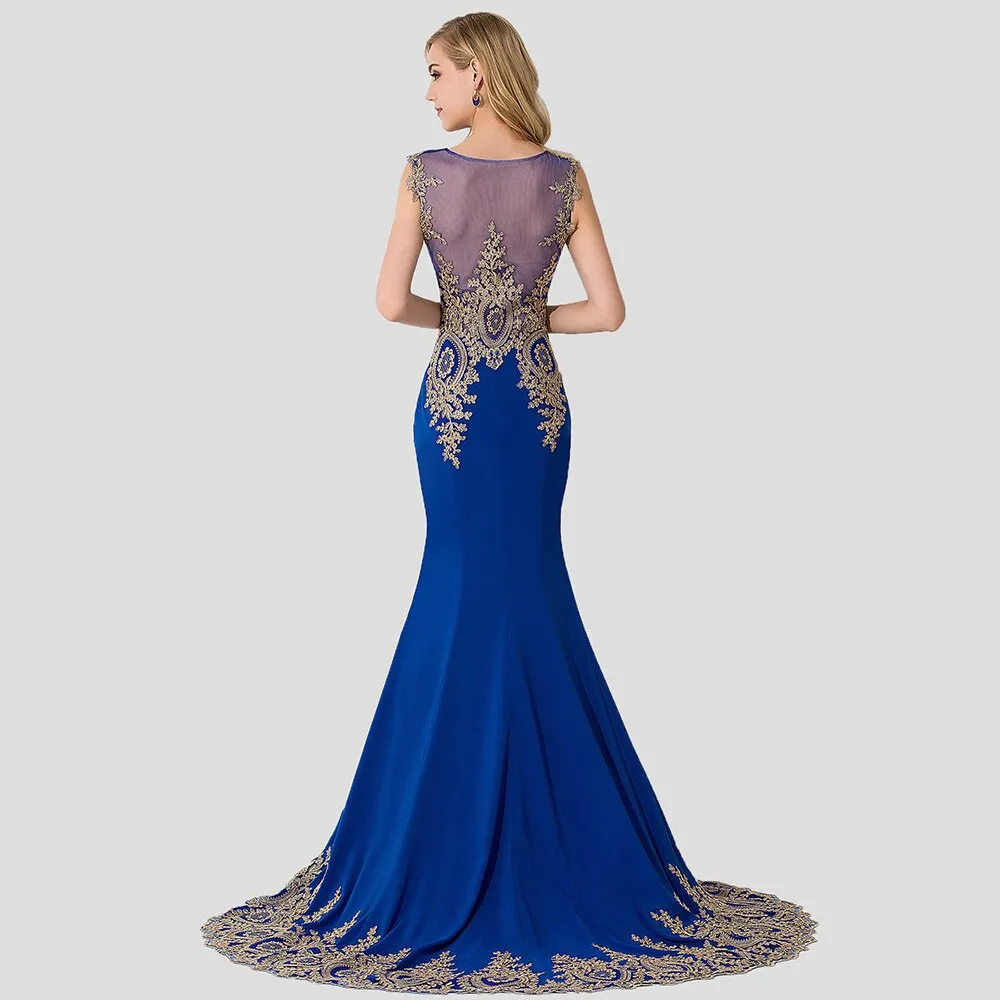 DEANWANGKT Plus Size Blue Prom Dresses Long Women Mermaid Train Party Gown Birthday Gift Lady Luxury Gold Lace Appliques See through Back