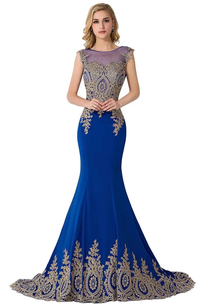 DEANWANGKT Plus Size Blue Prom Dresses Long Women Mermaid Train Party Gown Birthday Gift Lady Luxury Gold Lace Appliques See through Back