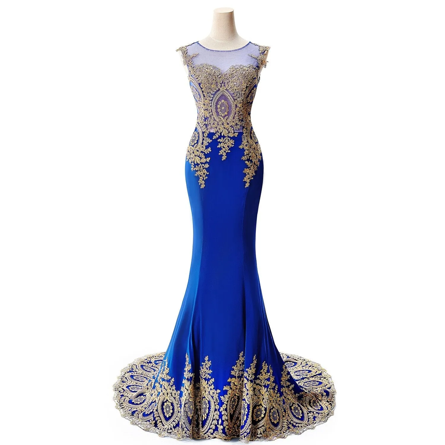 DEANWANGKT Plus Size Blue Prom Dresses Long Women Mermaid Train Party Gown Birthday Gift Lady Luxury Gold Lace Appliques See through Back