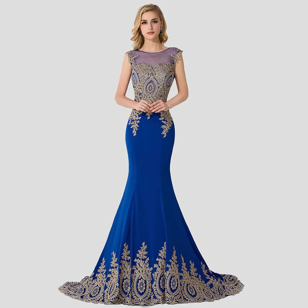 DEANWANGKT Plus Size Blue Prom Dresses Long Women Mermaid Train Party Gown Birthday Gift Lady Luxury Gold Lace Appliques See through Back