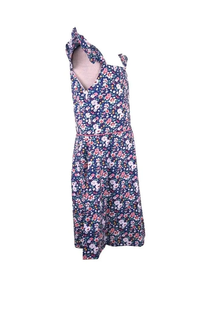 Dress Square Neck Flat Strap With Ruffles Bias Skirt With Ipit Piping On Waist Floral Printed With Lining Piping - Navy Blue