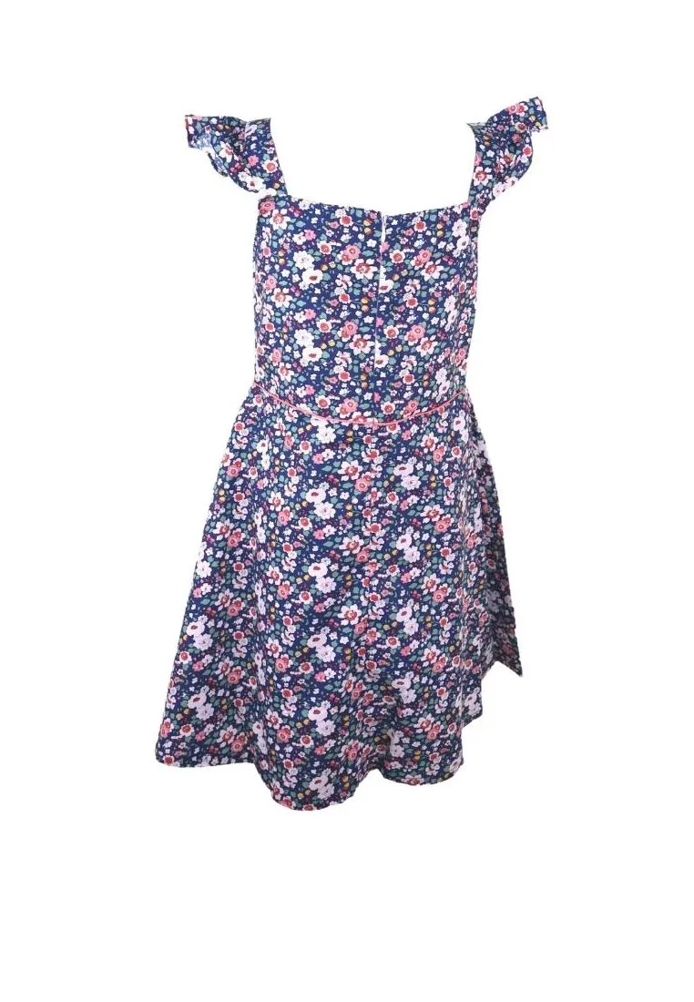 Dress Square Neck Flat Strap With Ruffles Bias Skirt With Ipit Piping On Waist Floral Printed With Lining Piping - Navy Blue