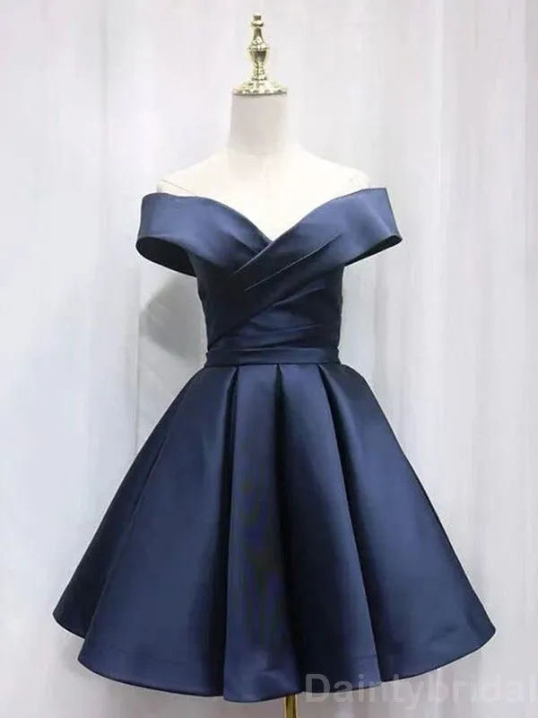 Elegant Off Shoulder A-line Satin Dark Navy Short Homecoming Dresses Online, HD0668