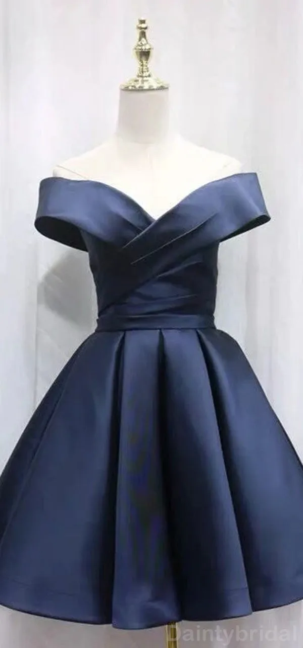 Elegant Off Shoulder A-line Satin Dark Navy Short Homecoming Dresses Online, HD0668