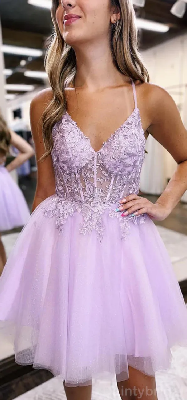 Elegant Spaghetti Straps V-neck A-line Tulle Short Homecoming Dresses Online, HD0653