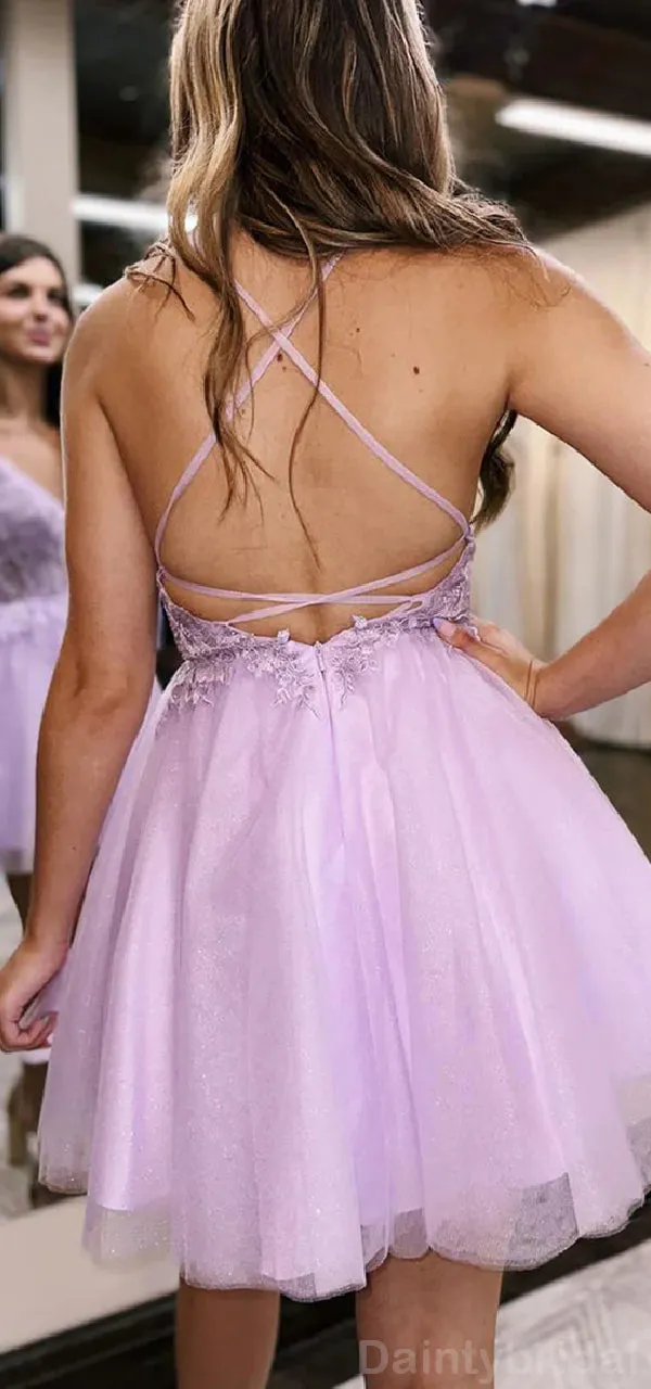 Elegant Spaghetti Straps V-neck A-line Tulle Short Homecoming Dresses Online, HD0653