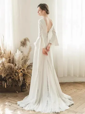 Elegant V-neck A-line Long Sleeves lace Wedding Dresses, WD0540