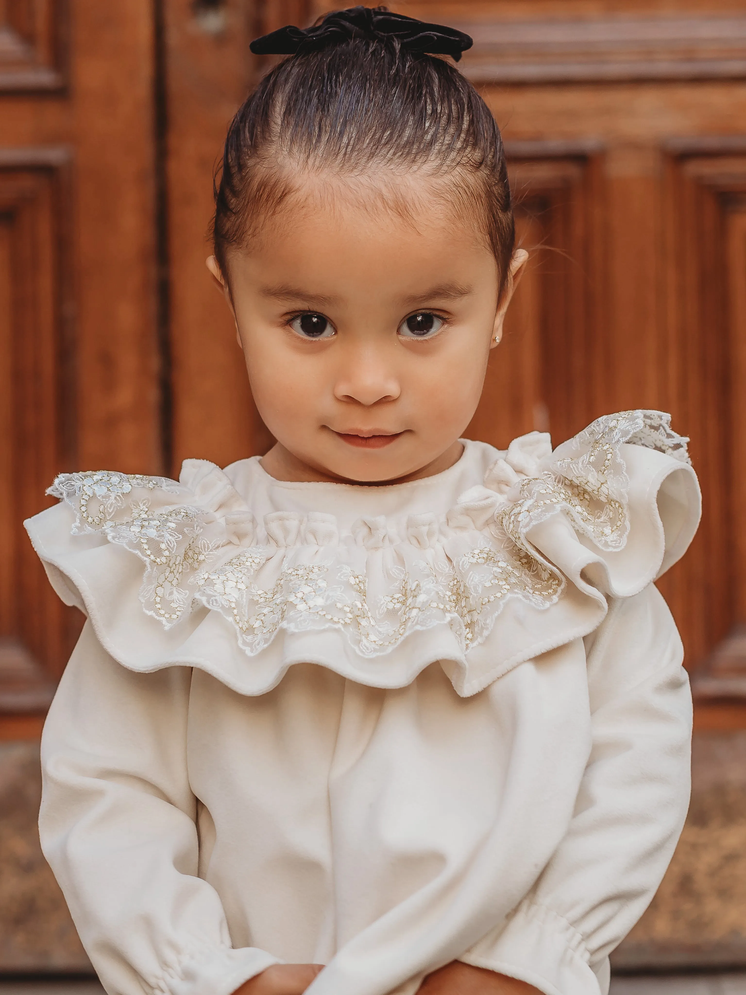 'Eve' Ivory velvet & gold lace dress