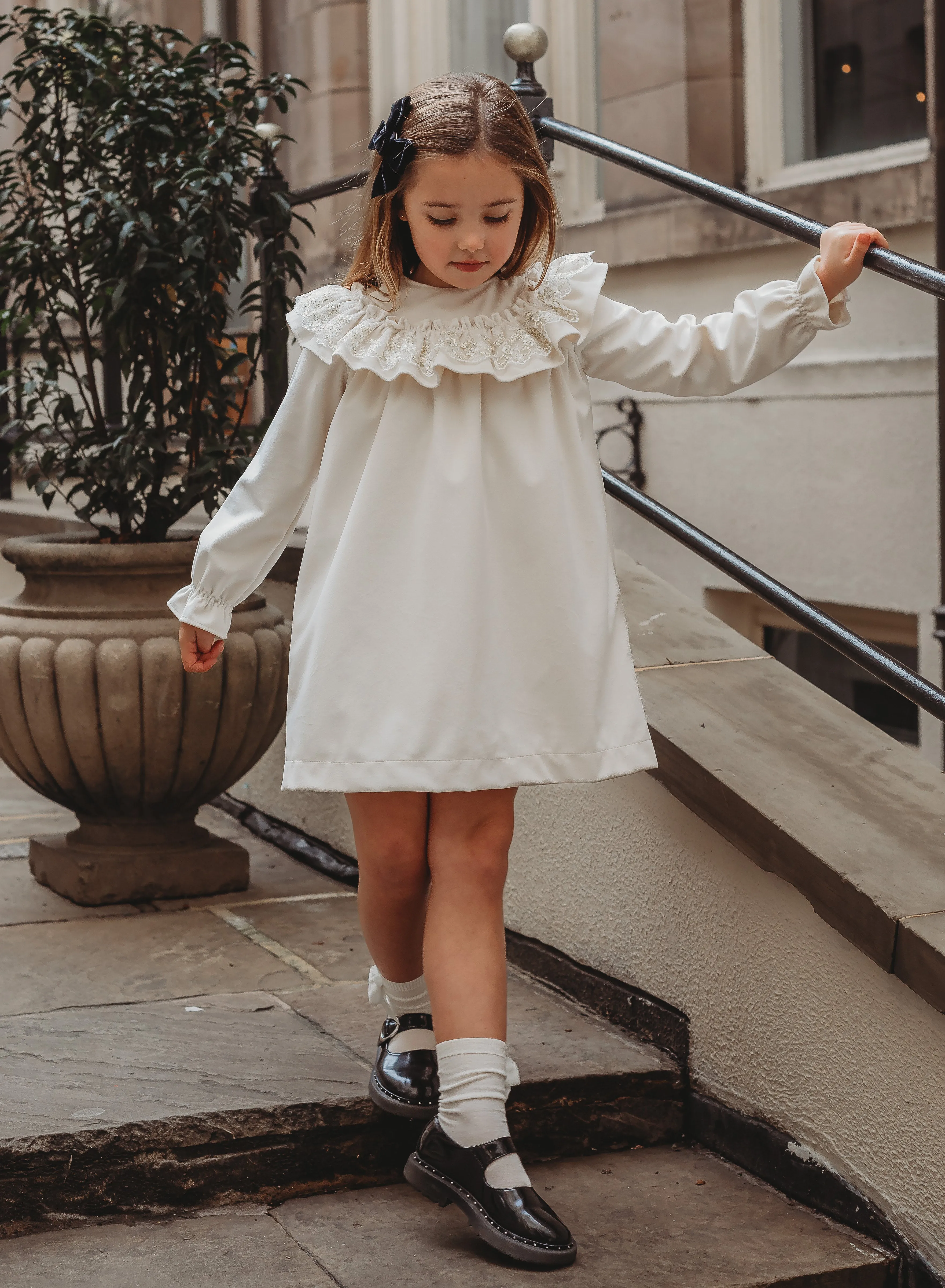 'Eve' Ivory velvet & gold lace dress